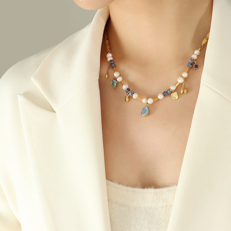 316L stainless steel necklace with Freshwater Pearl &  Natural Stone