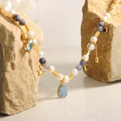 316L stainless steel necklace with Freshwater Pearl &  Natural Stone