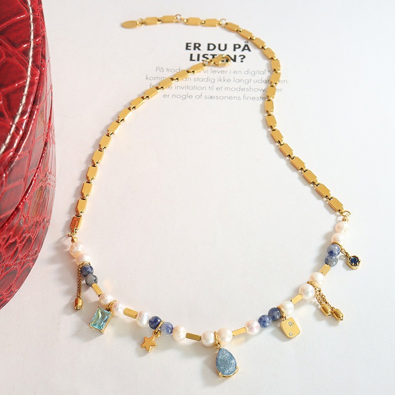 316L stainless steel necklace with Freshwater Pearl &  Natural Stone