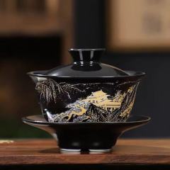 Black Porcelain Gaiwan Teacup, Gold Hand‑Painted Chinese Mountain Landscape Gaiwan Tea Set for Gongfu Tea