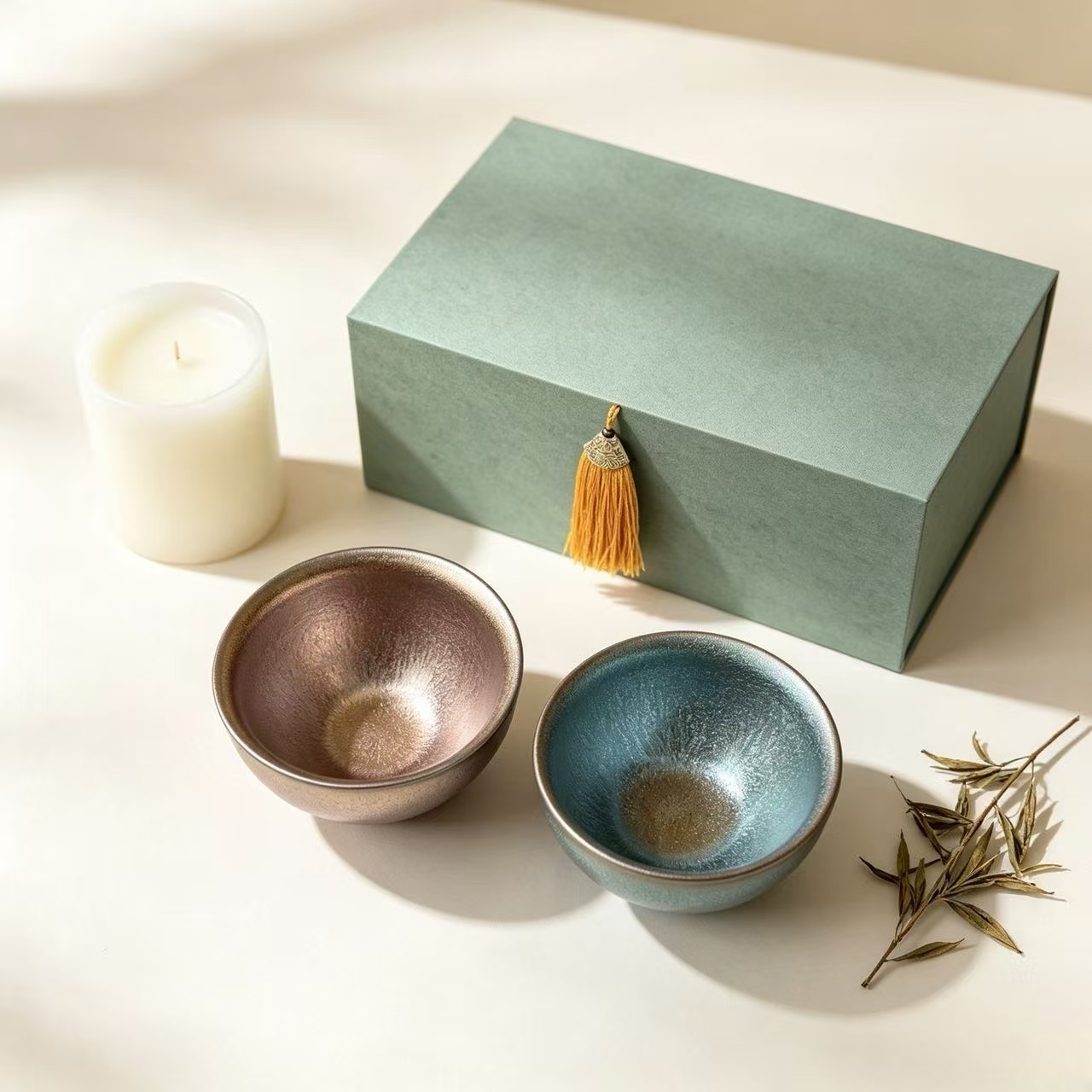 Jian Zhan Tea Cups Set of 2, Chinese Hand‑crafted Glaze Tea Bowls, Gift Box Packed Ceramic Teacups for Tea Lovers Collectible Home Decor