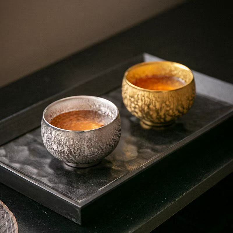 Hammered Texture Gold & Silver Ceramic Teacup Set, Luxury Couple Tea Cups for Tea Ceremony