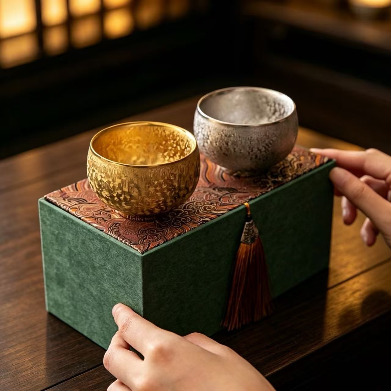 Hammered Texture Gold & Silver Ceramic Teacup Set, Luxury Couple Tea Cups for Tea Ceremony