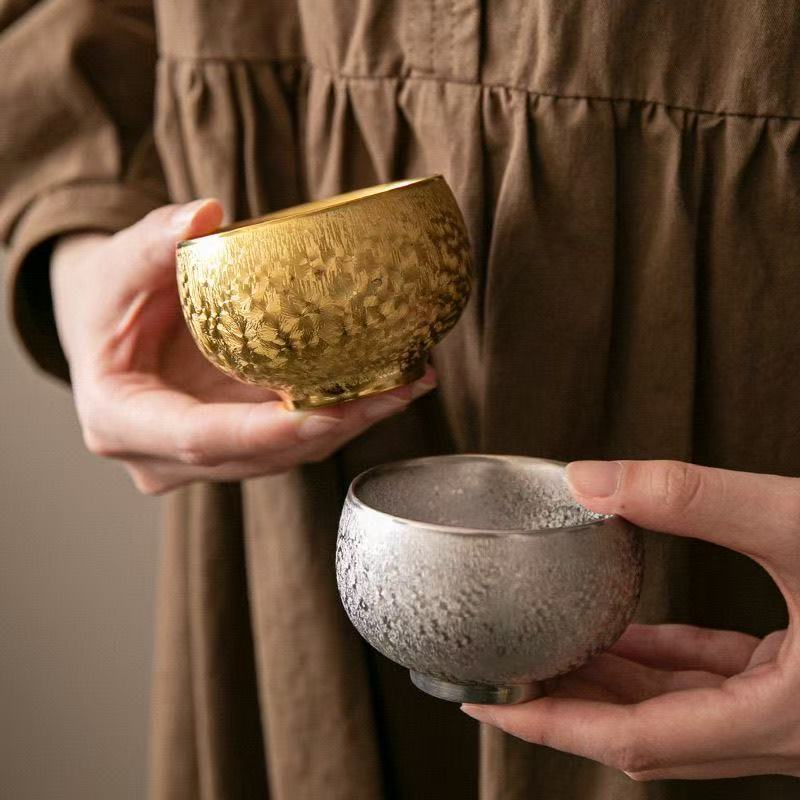 Hammered Texture Gold & Silver Ceramic Teacup Set, Luxury Couple Tea Cups for Tea Ceremony