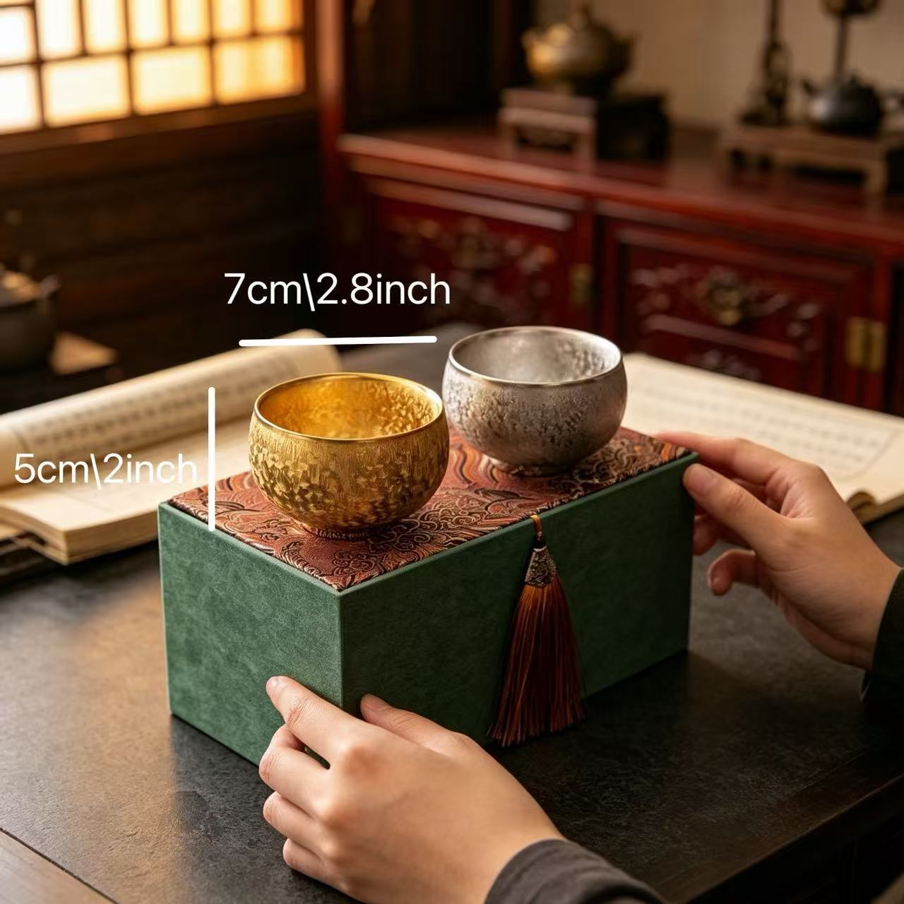 Hammered Texture Gold & Silver Ceramic Teacup Set, Luxury Couple Tea Cups for Tea Ceremony