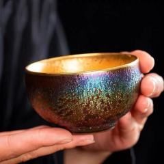 Color‑Changing Iridescent Glaze Gold Lined Jianzhan Teacup, Handmade Ceramic Tea Bowl for Tea Ceremony