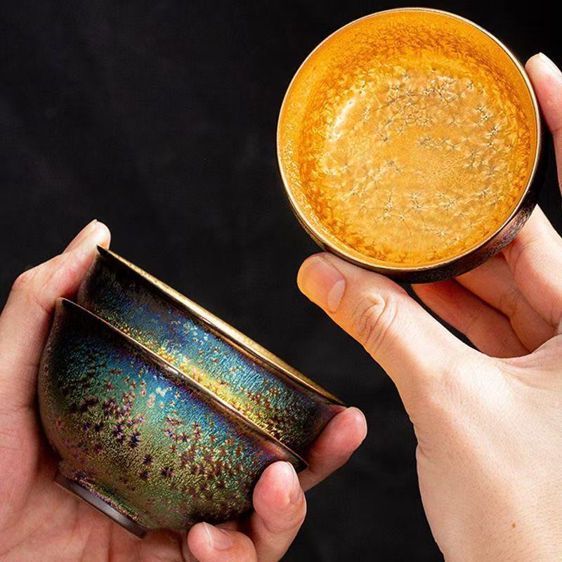 Color‑Changing Iridescent Glaze Gold Lined Jianzhan Teacup, Handmade Ceramic Tea Bowl for Tea Ceremony
