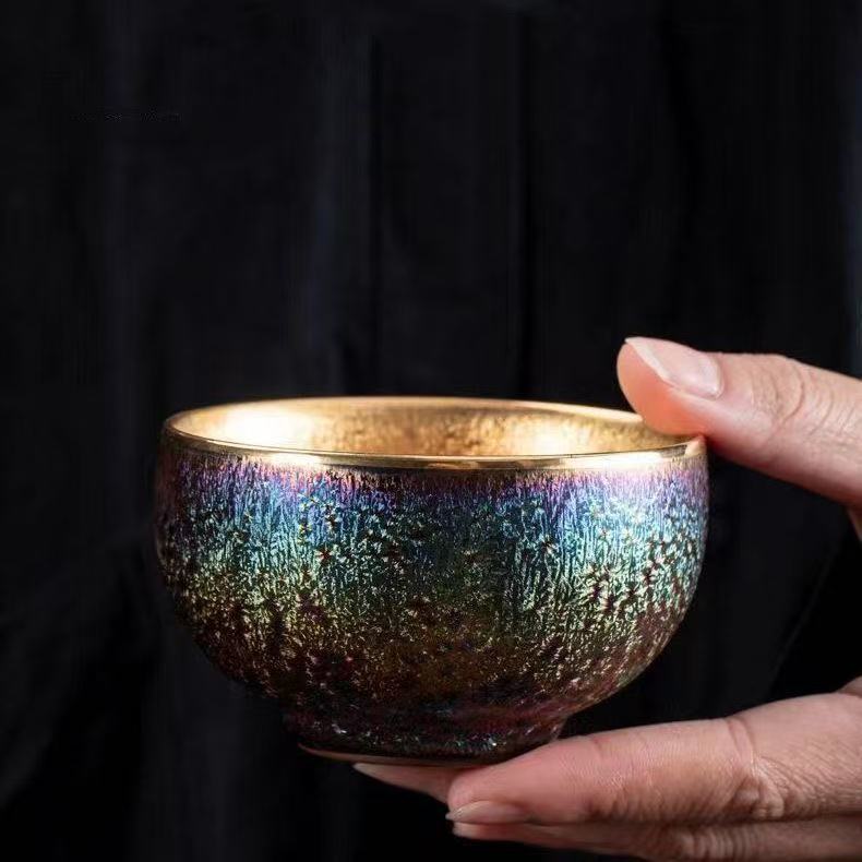 Color‑Changing Iridescent Glaze Gold Lined Jianzhan Teacup, Handmade Ceramic Tea Bowl for Tea Ceremony