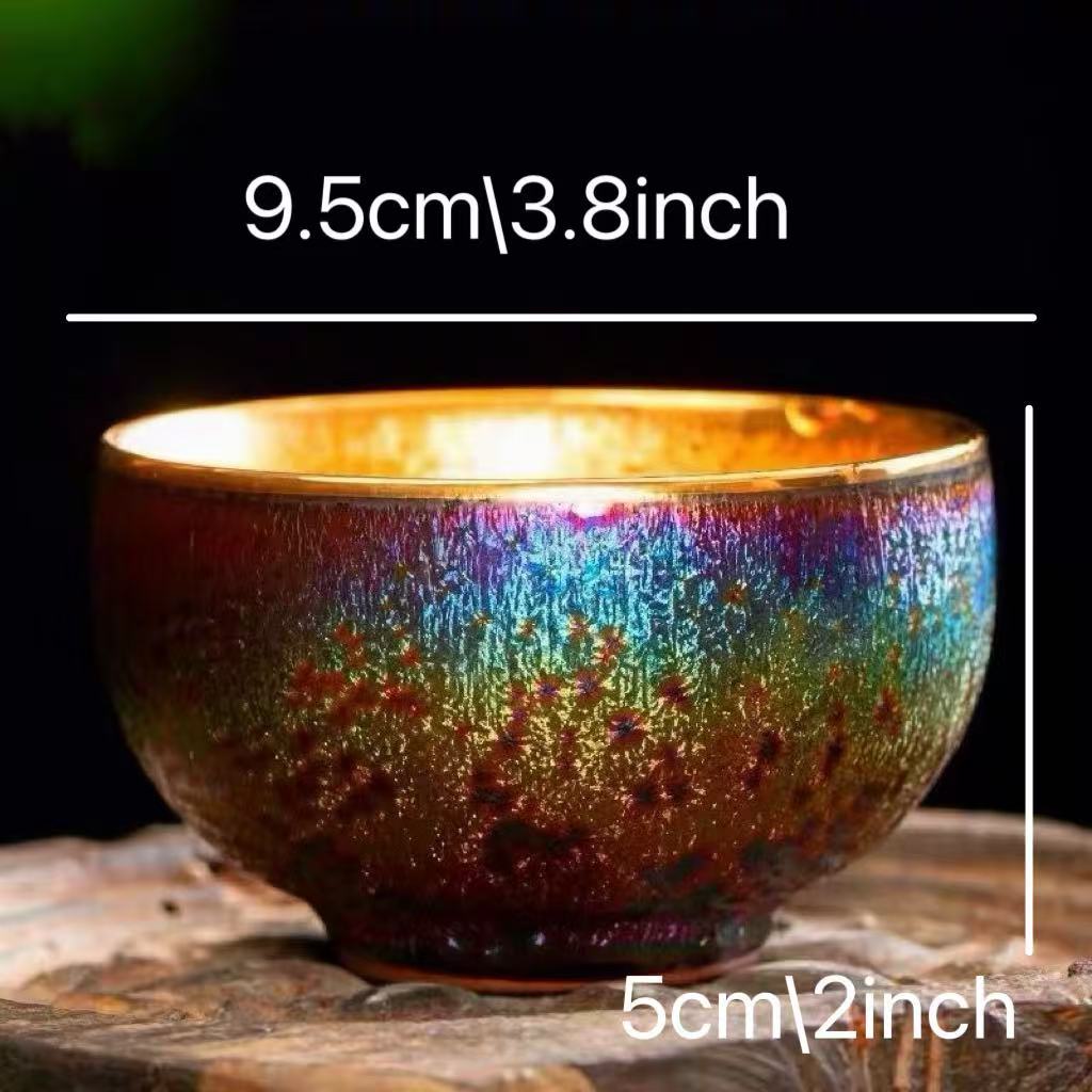 Color‑Changing Iridescent Glaze Gold Lined Jianzhan Teacup, Handmade Ceramic Tea Bowl for Tea Ceremony