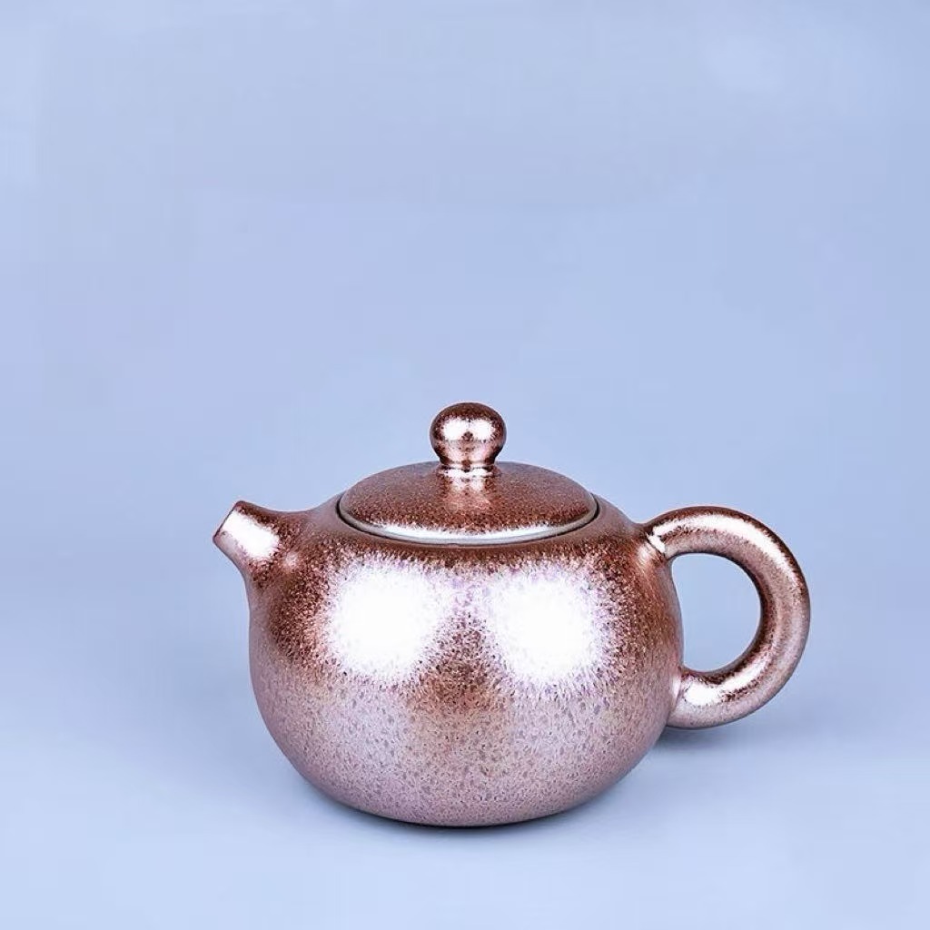 Metallic Rose‑Gold Glaze Xishi Ceramic Teapot, Shiny Speckled Porcelain Tea Pot for Oriental Tea Ceremony