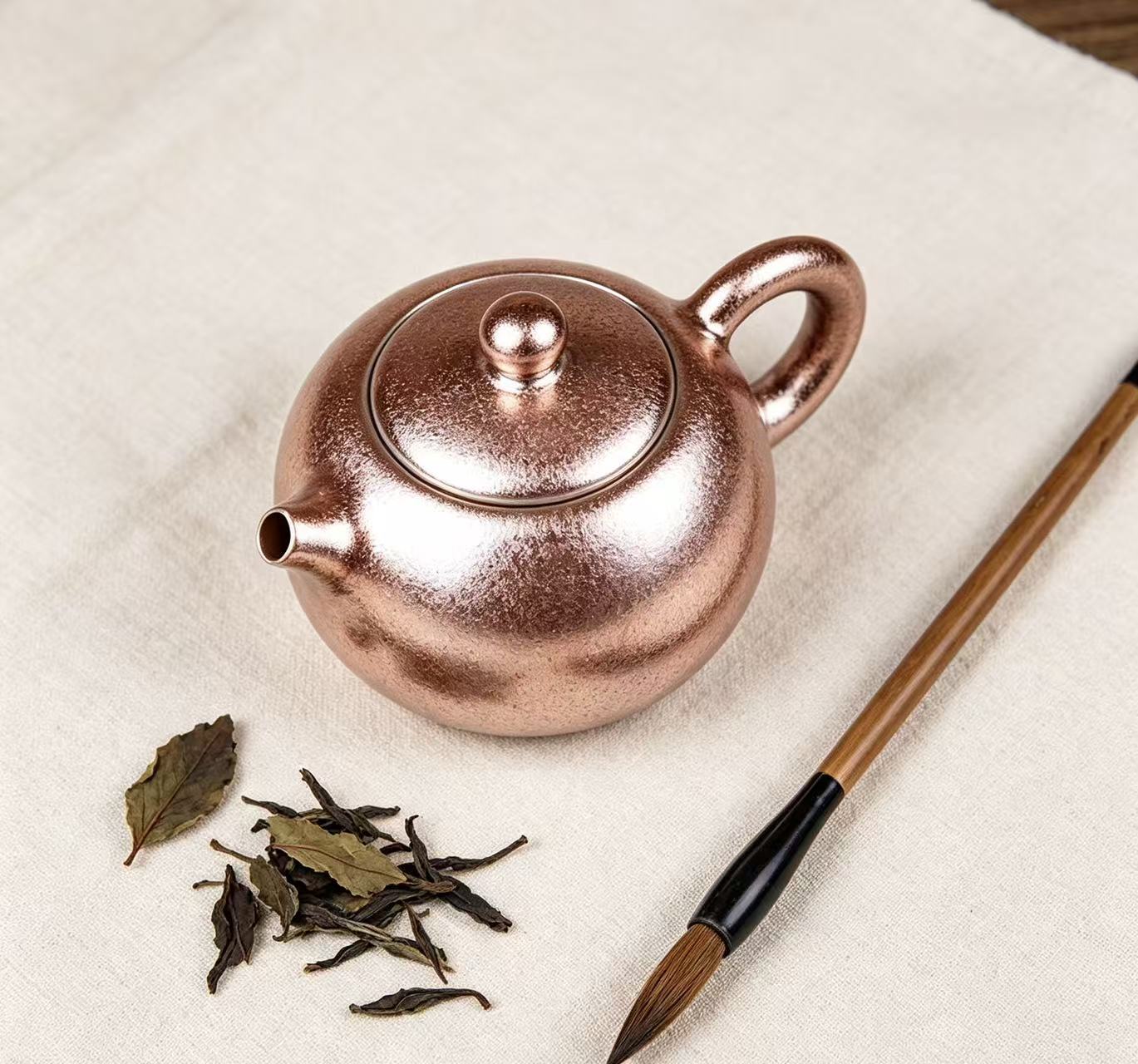 Metallic Rose‑Gold Glaze Xishi Ceramic Teapot, Shiny Speckled Porcelain Tea Pot for Oriental Tea Ceremony