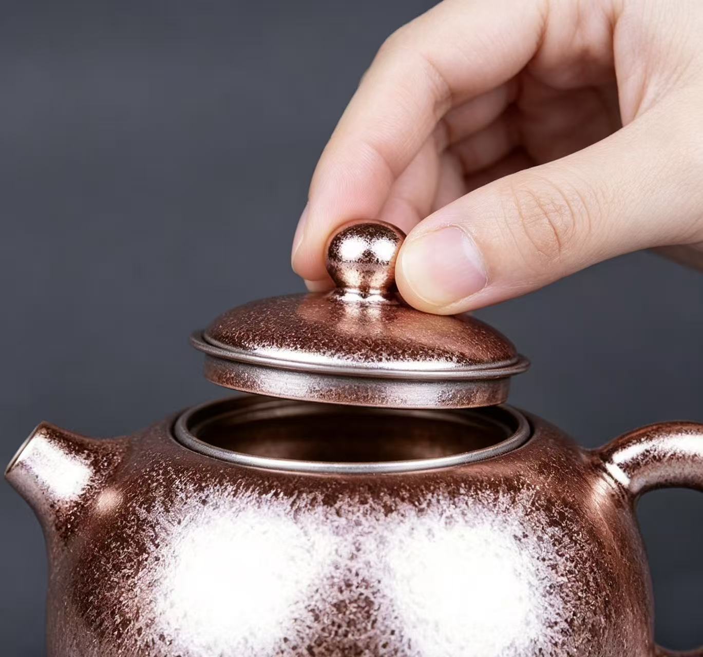 Metallic Rose‑Gold Glaze Xishi Ceramic Teapot, Shiny Speckled Porcelain Tea Pot for Oriental Tea Ceremony