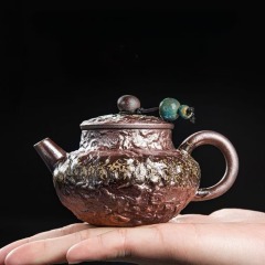 Hand‑made Rough Rock‑Texture Ceramic Teapot, Vintage Pottery Teapot with Decorative Bead Lanyard for Oriental Tea Ceremony