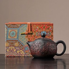 Chinese Zisha Clay Teapot with Blessing‑Character Carving, Hand‑Engraved Yixing Purple Sand Teapot with Luxury Gift Box for Tea Ceremony