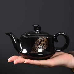 Black Glaze Ceramic Teapot with Golden Leaf Inlay, Hand‑crafted Chinese Porcelain Tea Pot for Home Tea Ceremony