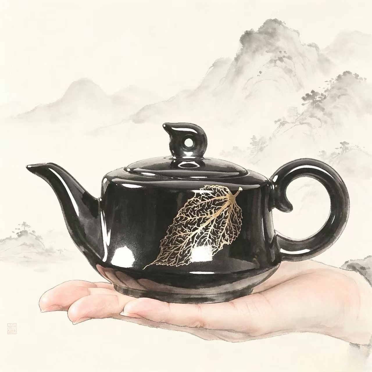 Black Glaze Ceramic Teapot with Golden Leaf Inlay, Hand‑crafted Chinese Porcelain Tea Pot for Home Tea Ceremony