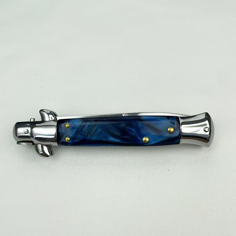 9 Inch AKC Side Open Folding Knife with High Heel Shaped Resin Handle BLUE