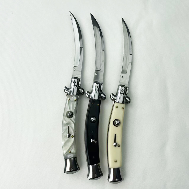 11 Inch AKC Side Open Folding Knife, Curved Blade, High Heel Shaped, Buffalo Horn & Wood Handle