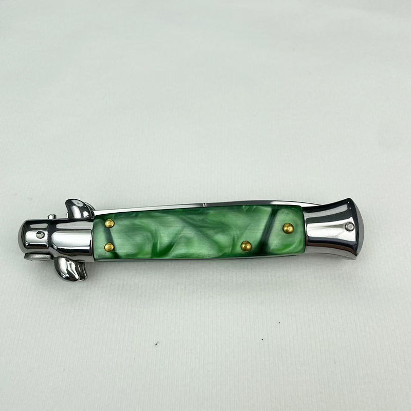 9 Inch AKC Side Open Folding Knife with High Heel Shaped Resin Handle GREEN