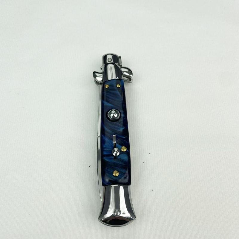 9 Inch AKC Side Open Folding Knife with High Heel Shaped Resin Handle BLUE