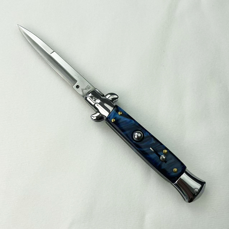 9 Inch AKC Side Open Folding Knife with High Heel Shaped Resin Handle BLUE