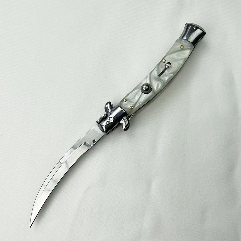 11 Inch AKC Side Open Folding Knife, Curved Blade, High Heel Shaped, Buffalo Horn & Wood Handle