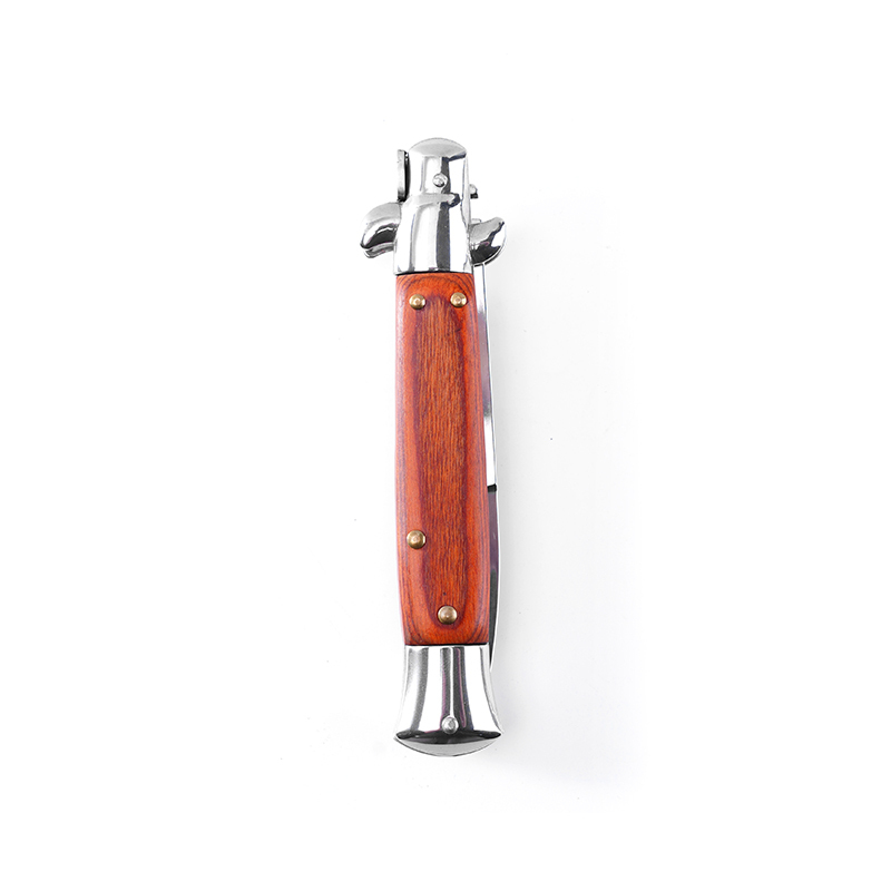 9 Inch AKC Mafia Side Open Folding Knife, High Heel Style, Mirror Polished Blade, Wooden Handle Red