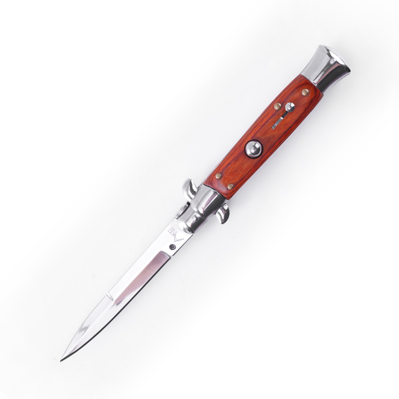 9 Inch AKC Mafia Side Open Folding Knife, High Heel Style, Mirror Polished Blade, Wooden Handle Red