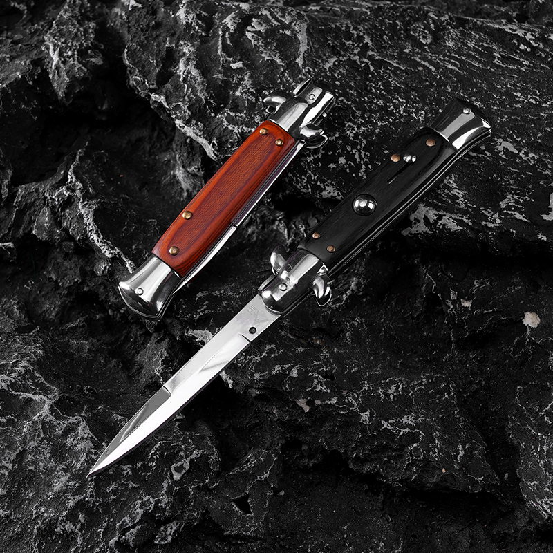 9 Inch AKC Mafia Side Open Folding Knife, High Heel Style, Mirror Polished Blade, Wooden Handle