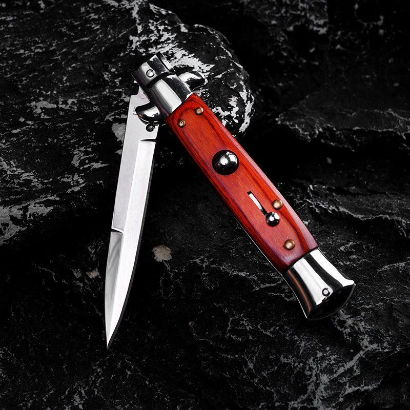 9 Inch AKC Mafia Side Open Folding Knife, High Heel Style, Mirror Polished Blade, Wooden Handle Red