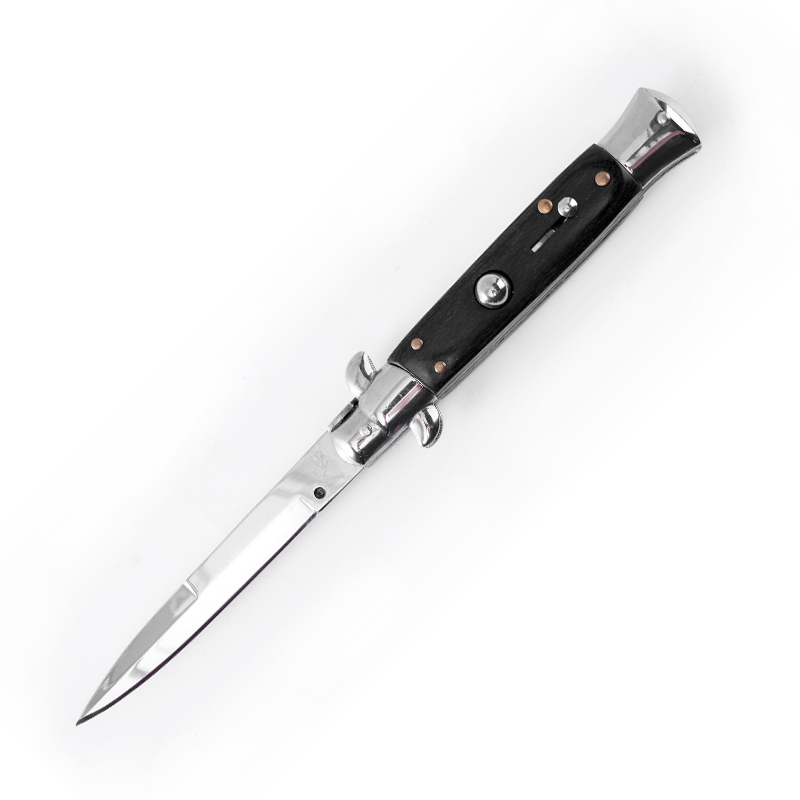 9 Inch AKC Mafia Side Open Folding Knife, High Heel Style, Mirror Polished Blade, Wooden Handle