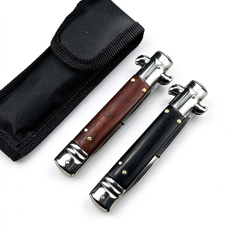 11 Inch Classic AKC Automatic Knife, Stainless Steel Blade, Wood Handle, Black & Yellow Handle Options