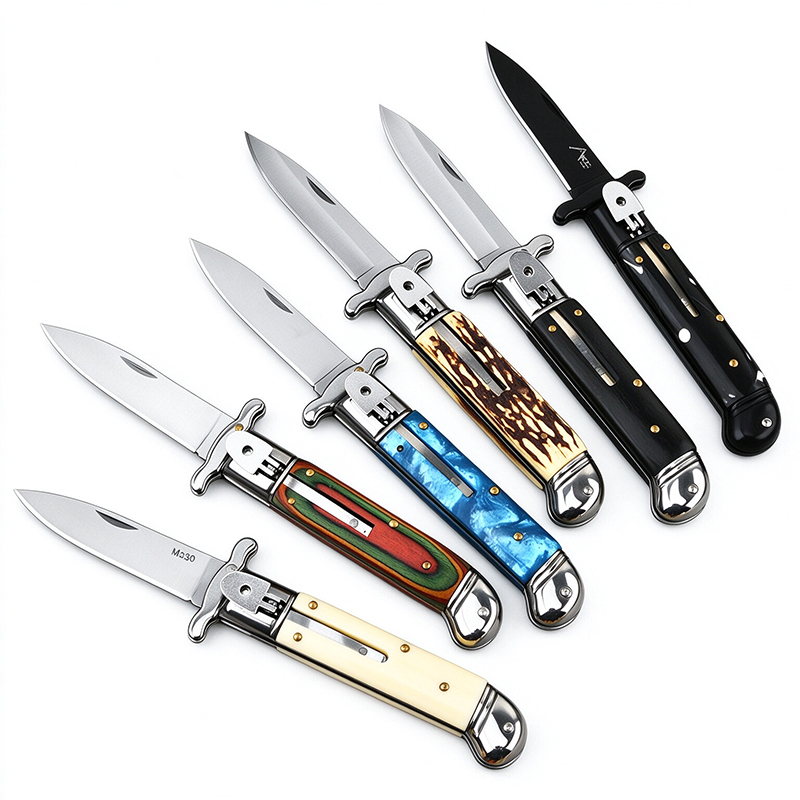 8 Inch AKC Automatic Knife, Side Opening, Metal Guard, Black Coated Blade, Black Handle