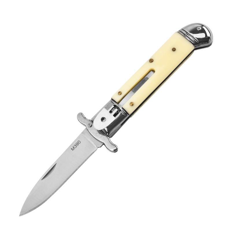 8 Inch AKC Automatic Knife, Single Edge Blade, Metal Pommel, White Handle