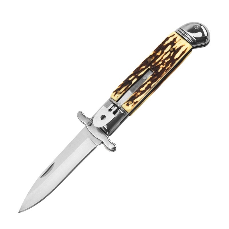 8 Inch AKC Automatic Knife, Single Edge Blade, Metal Pommel, Imitation Horn Handle
