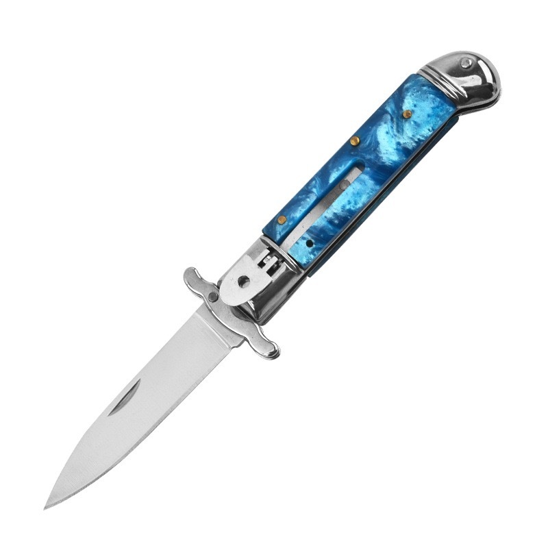 8 Inch AKC Automatic Knife, Single Edge Blade, Metal Pommel, Blue Handle