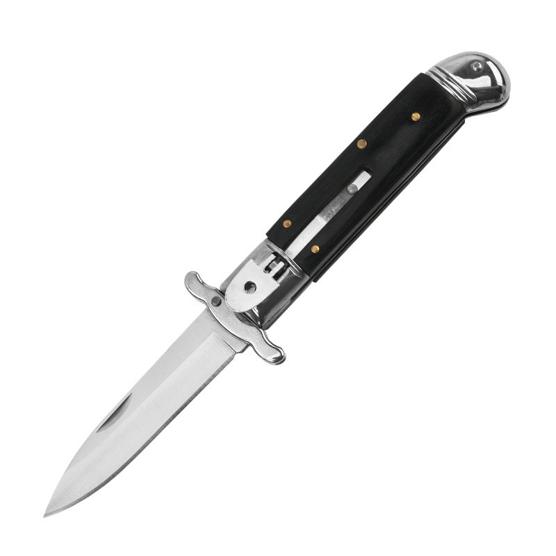 8 Inch AKC Automatic Knife, Side Opening, Metal Guard, Black Handle