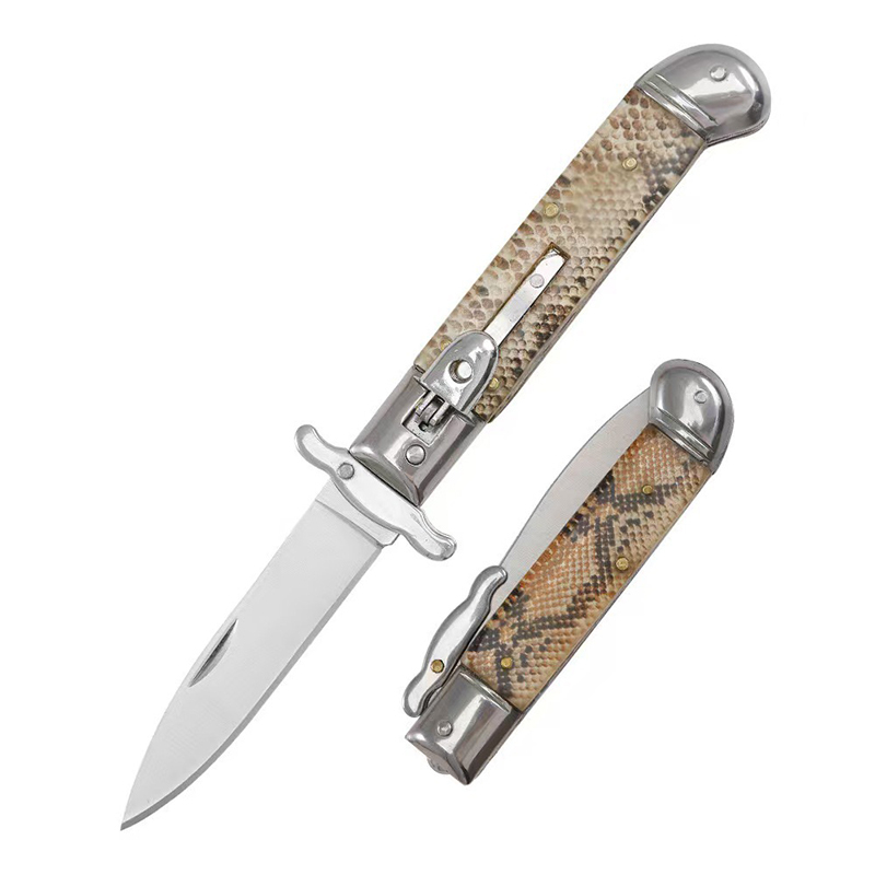 8 Inch AKC Automatic Knife, Side Opening, Metal Guard, Snakeskin Pattern Handle