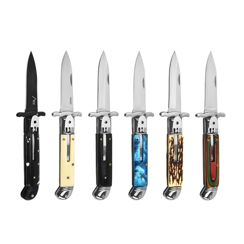 8 Inch AKC Automatic Knife, Side Opening, Metal Guard, Black Handle