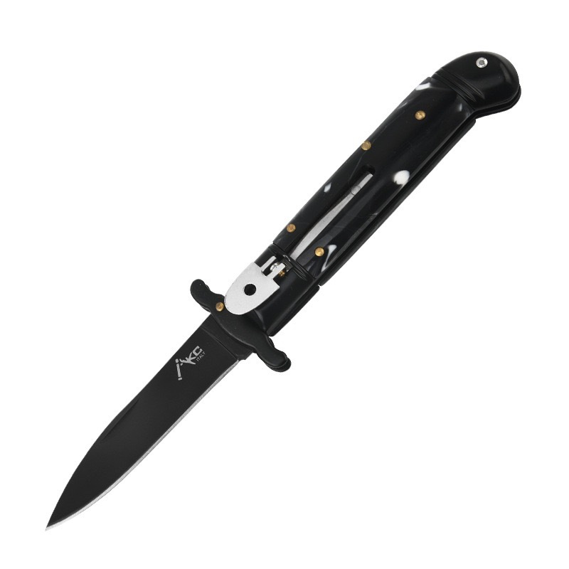 8 Inch AKC Automatic Knife, Side Opening, Metal Guard, Black Coated Blade, Black Handle