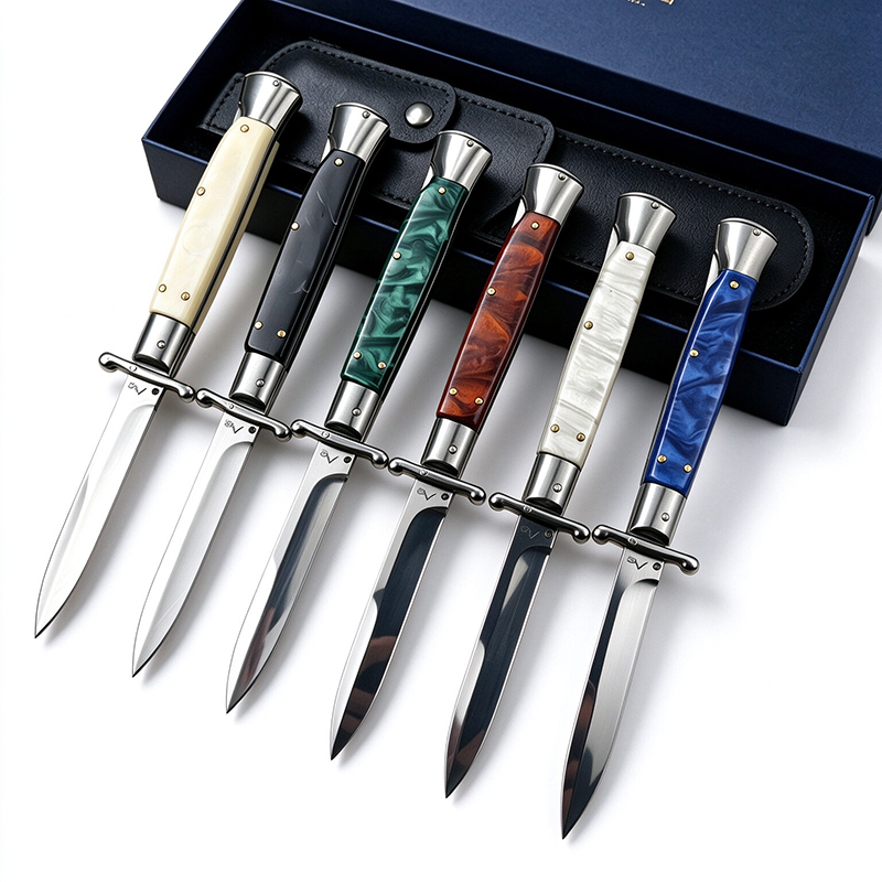 8 Inch Classic AKC Automatic Knife, Metal Guard, Stainless Steel, Portable EDC Carry, Green Handle