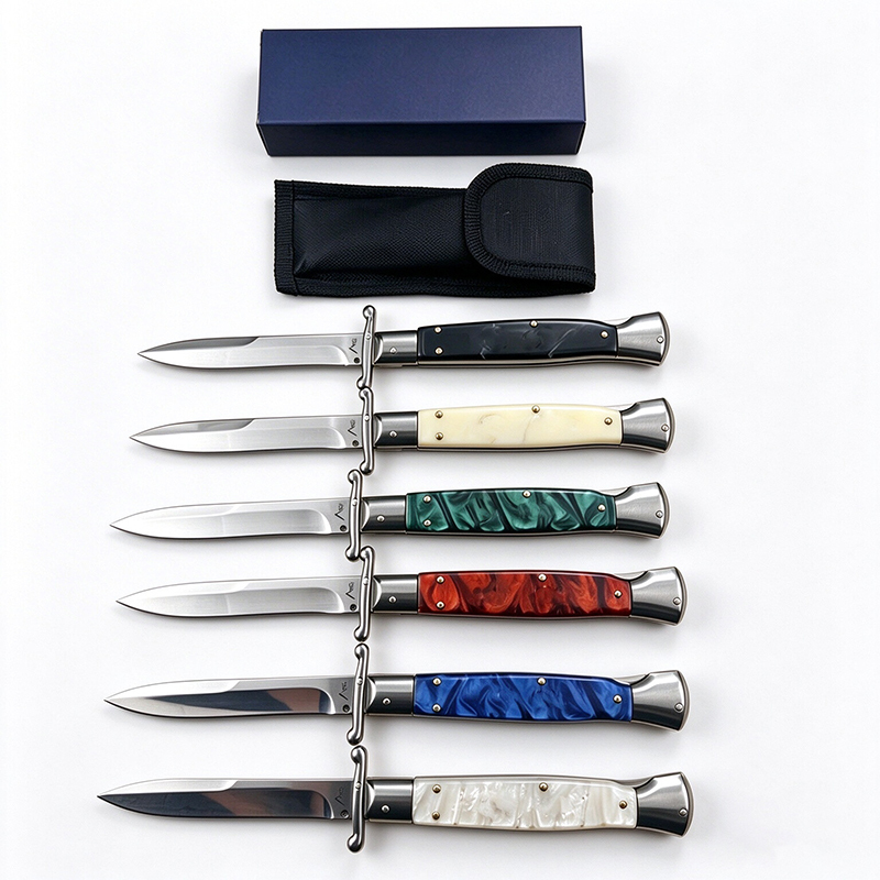 8 Inch Classic AKC Automatic Knife, Metal Guard, Stainless Steel, Portable EDC Carry, Milky White Handle