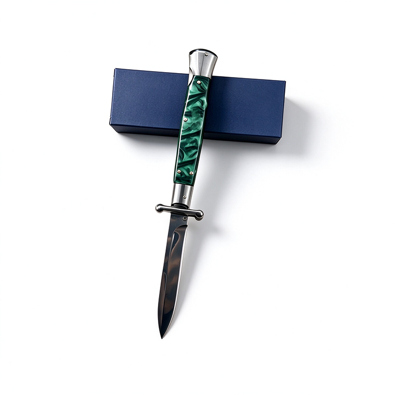 8 Inch Classic AKC Automatic Knife, Metal Guard, Stainless Steel, Portable EDC Carry, Blue Handle