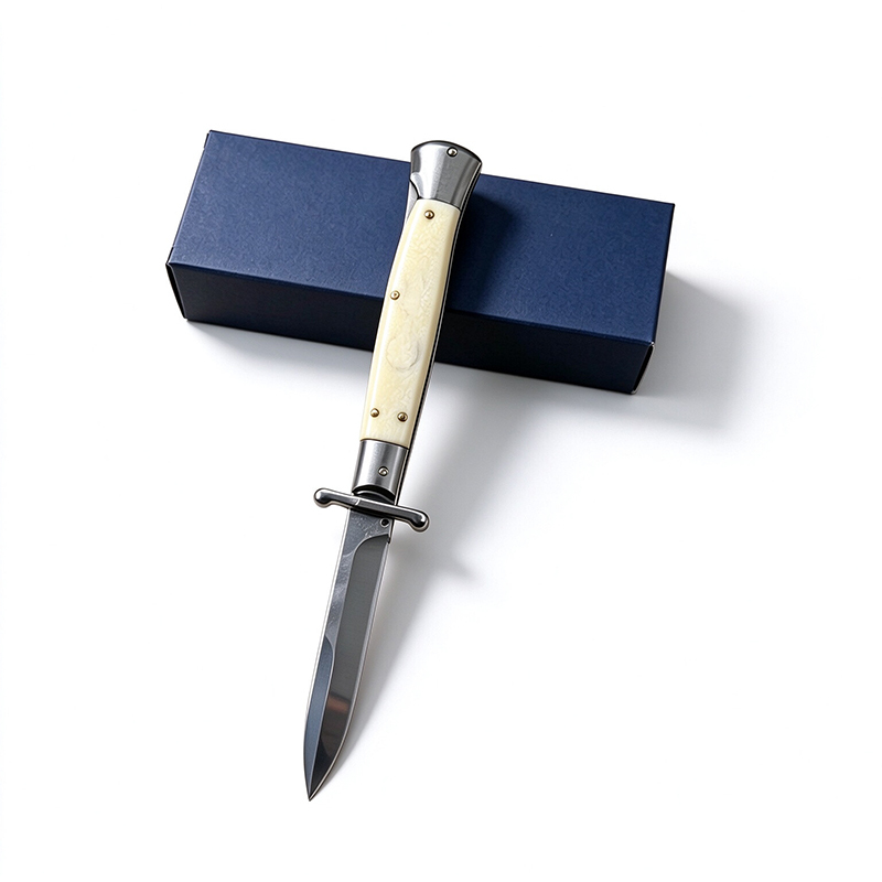 8 Inch Classic AKC Automatic Knife, Metal Guard, Stainless Steel, Portable EDC Carry, Milky White Handle