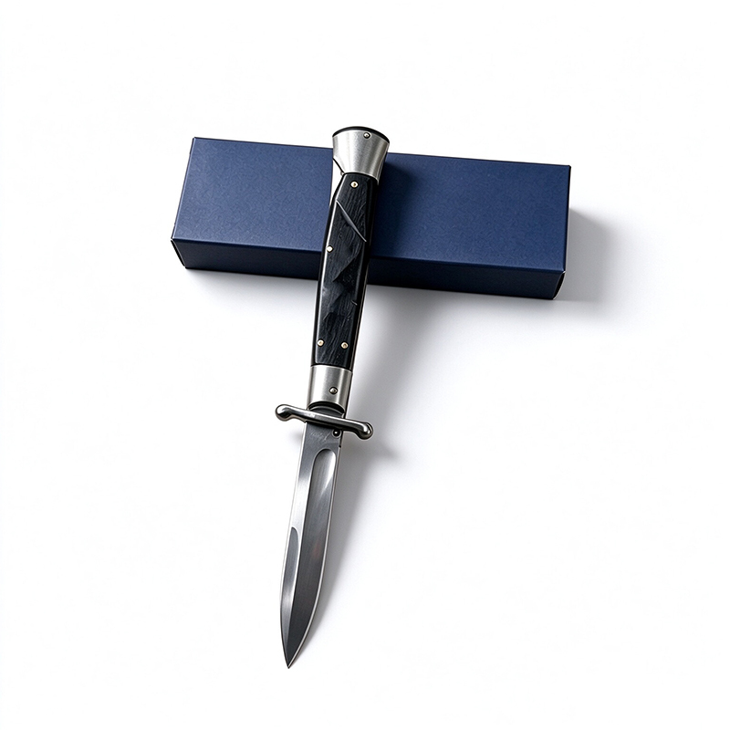 8 Inch Classic AKC Automatic Knife, Metal Guard, Stainless Steel, Portable EDC Carry, Black Handle