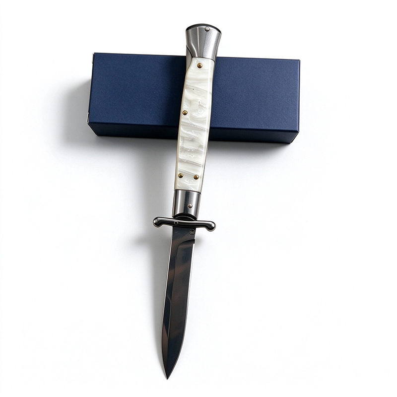8 Inch Classic AKC Automatic Knife, Metal Guard, Stainless Steel, Portable EDC Carry, Imitation Mother of Pearl Handle