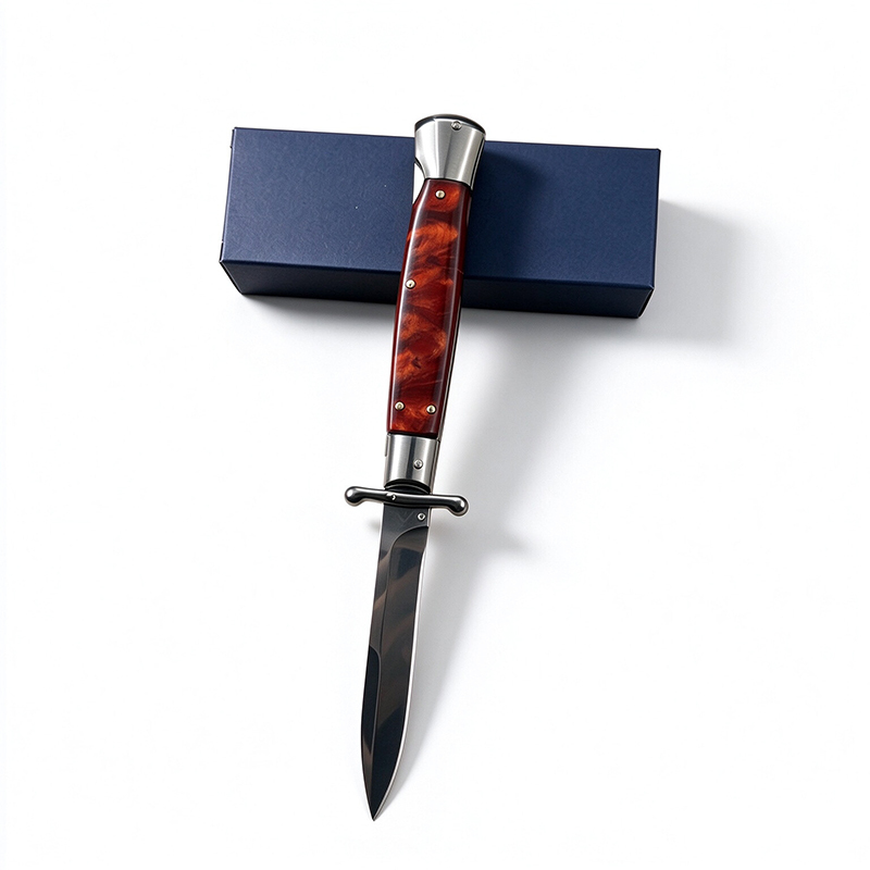 8 Inch Classic AKC Automatic Knife, Metal Guard, Stainless Steel, Portable EDC Carry, Red Handle