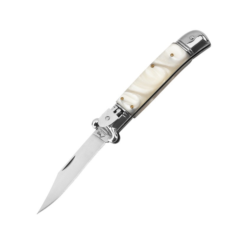 7" AKC Side Opening Automatic Knife Classic Italian Stiletto, Stainless Steel Blade, Sharp Durable EDC Collectible Knife Pearl White Handle