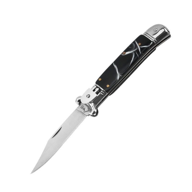 7 Inch AKC Side Opening Auto Knife, Classic Stiletto Style, Stainless Steel Blade, Durable & Sharp, Black Model B