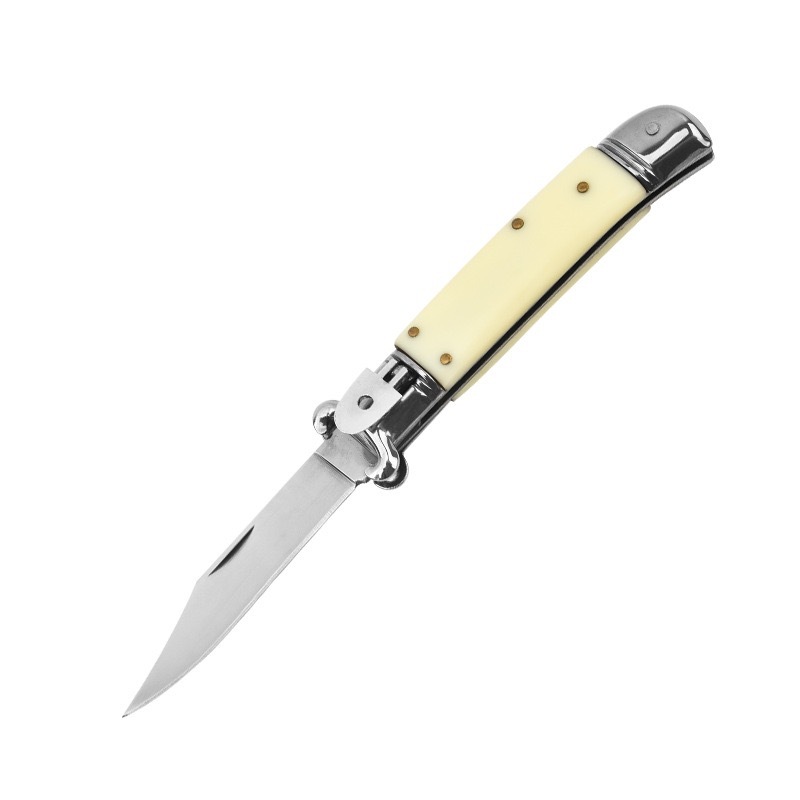 7 Inch AKC Side Opening Auto Knife, Classic Stiletto Style, Milky White Handle, Stainless Steel Blade, Durable & Sharp